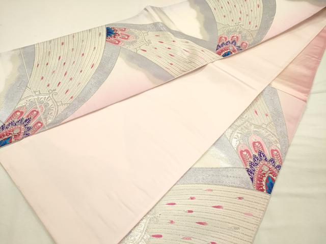 平和屋着物◎六通柄袋帯　唐織　孔雀羽文　銀糸　正絹　逸品　DABI3751ya