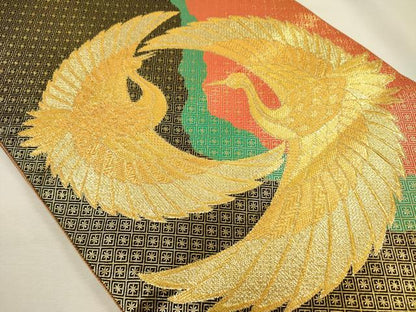 平和屋着物◎佐賀錦　全通柄袋帯　双鶴文　金糸　正絹　逸品　DABI3752ya