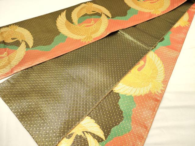 平和屋着物◎佐賀錦　全通柄袋帯　双鶴文　金糸　正絹　逸品　DABI3752ya