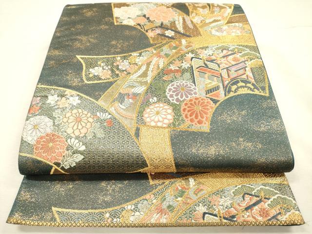 平和屋着物◎六通柄袋帯　唐織　地紙御所車鳳凰花文　金糸　正絹　逸品　DABI3765ya