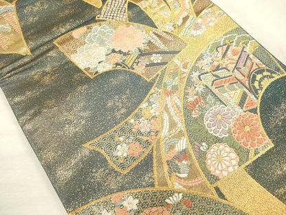 平和屋着物◎六通柄袋帯　唐織　地紙御所車鳳凰花文　金糸　正絹　逸品　DABI3765ya