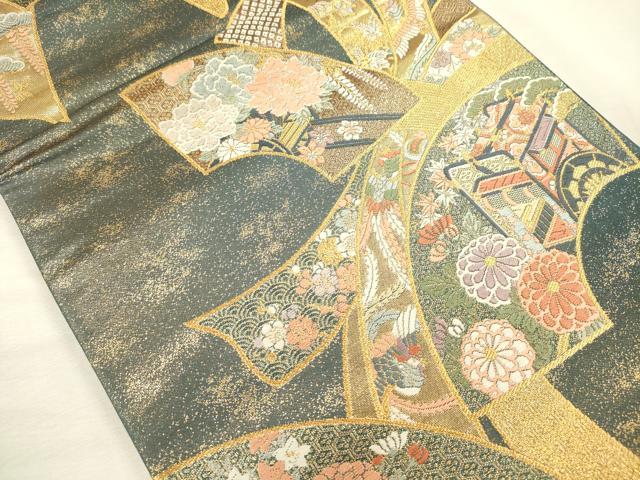 平和屋着物◎六通柄袋帯　唐織　地紙御所車鳳凰花文　金糸　正絹　逸品　DABI3765ya