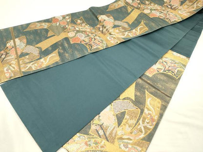 平和屋着物◎六通柄袋帯　唐織　地紙御所車鳳凰花文　金糸　正絹　逸品　DABI3765ya