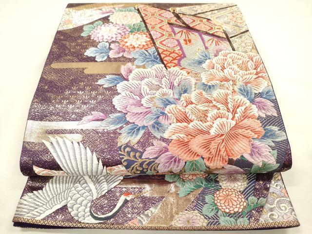 平和屋着物◎六通柄袋帯　唐織　熨斗花鶴文　金糸　正絹　逸品　DABI3766ya
