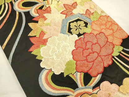 平和屋着物◎六通柄袋帯　結び紐花文　黒地　金糸　正絹　逸品　DABI3767ya