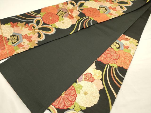 平和屋着物◎六通柄袋帯　結び紐花文　黒地　金糸　正絹　逸品　DABI3767ya