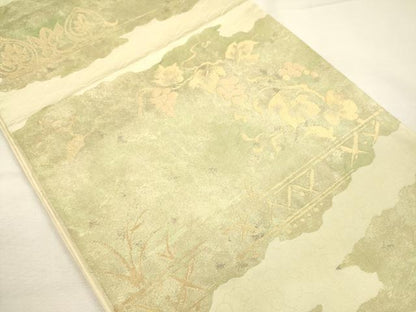 平和屋着物◎六通柄袋帯　葡萄蔦の葉文　金糸　正絹　逸品　DABI3772ya