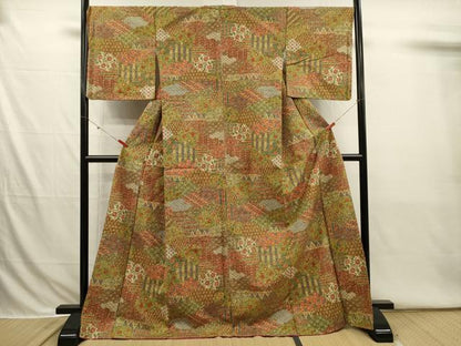 平和屋着物■上質な小紋　紬地　切嵌更紗花文　正絹　逸品　DABI3781ya