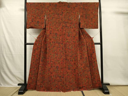 平和屋着物■上質な小紋　更紗花蝶文　鬼しぼ縮緬　正絹　逸品　DABI3794ya