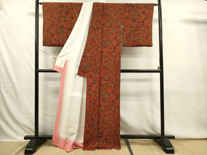 平和屋着物■上質な小紋　更紗花蝶文　鬼しぼ縮緬　正絹　逸品　DABI3794ya