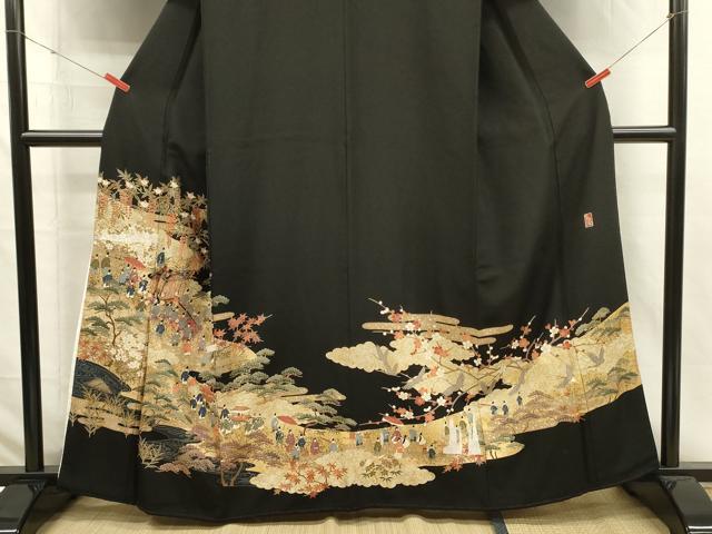 平和屋着物■豪華黒留袖　作家文　御所車人物飛鶴花文　松竹梅　金彩　正絹　逸品　DABI3804ya