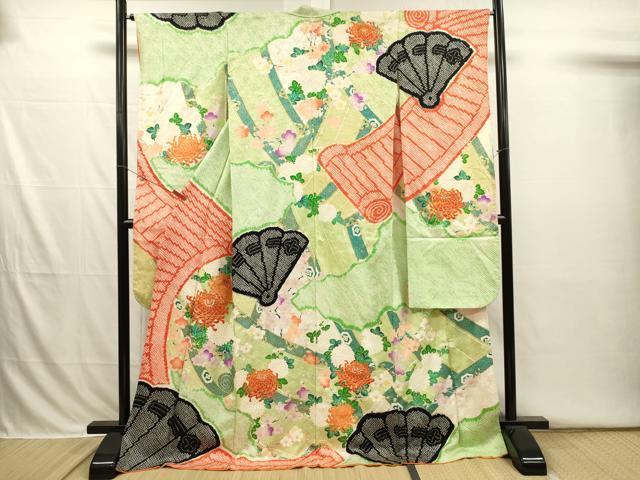 平和屋着物□豪華振袖 駒刺繍 絞り 扇面絵巻花文 乱菊 金彩 正絹