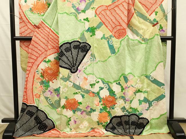 平和屋着物□豪華振袖 駒刺繍 絞り 扇面絵巻花文 乱菊 金彩 正絹