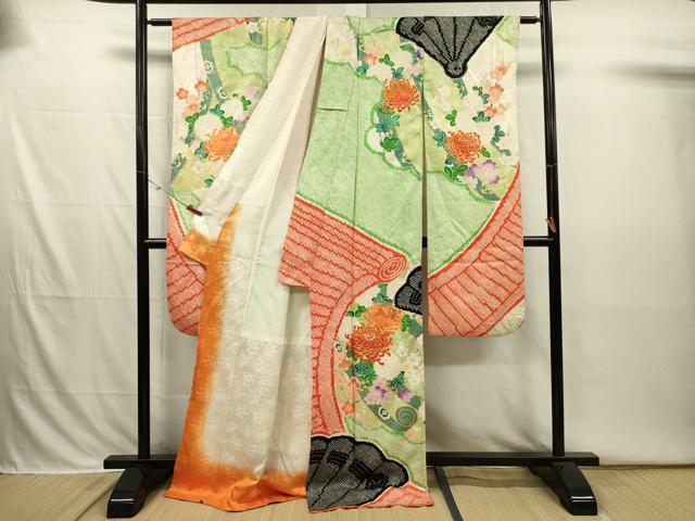 平和屋着物□豪華振袖 駒刺繍 絞り 扇面絵巻花文 乱菊 金彩 正絹