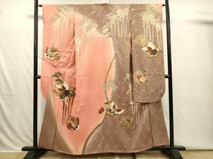 平和屋着物■豪華振袖　駒刺繍　舞蝶雪輪花文　枝垂れ藤　暈し染め　金彩　正絹　逸品　DABI3817ya