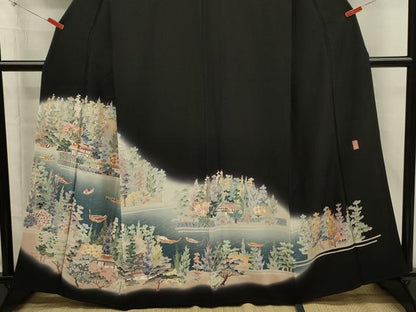 平和屋着物■豪華黒留袖　友禅　作家物　風景花文　暈し染め　正絹　逸品　DABI3818ya