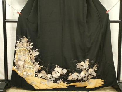 平和屋着物■豪華黒留袖　駒刺繍　籬花文　金彩　正絹　逸品　DABI3837ya