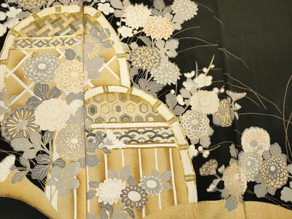 平和屋着物■豪華黒留袖　駒刺繍　籬花文　金彩　正絹　逸品　DABI3837ya