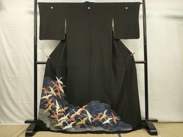 平和屋着物■豪華黒留袖　流水飛鶴文　金銀彩　ロング丈　正絹　逸品　DABI3842ya
