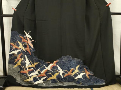 平和屋着物■豪華黒留袖　流水飛鶴文　金銀彩　ロング丈　正絹　逸品　DABI3842ya
