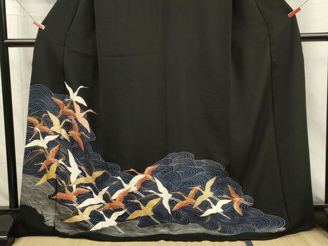 平和屋着物■豪華黒留袖　流水飛鶴文　金銀彩　ロング丈　正絹　逸品　DABI3842ya