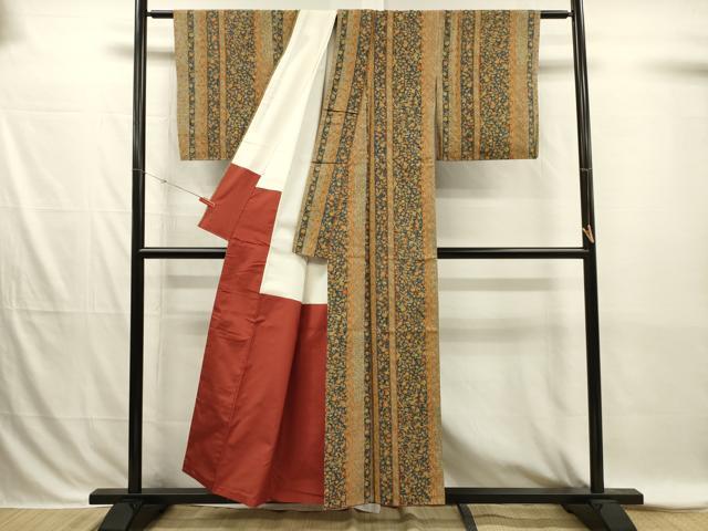 平和屋着物■上質な小紋　紬地　草花間道　正絹　逸品　DABI3855ya