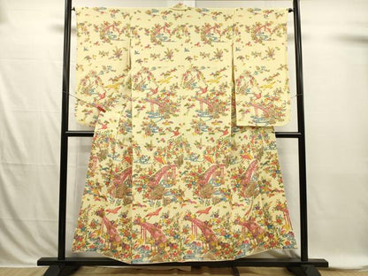平和屋着物■小振袖　二尺袖　型染め　渡橋風景花鳥文　金彩　正絹　逸品　DABI3859ya