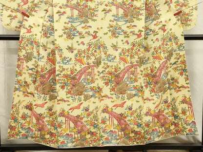 平和屋着物■小振袖　二尺袖　型染め　渡橋風景花鳥文　金彩　正絹　逸品　DABI3859ya