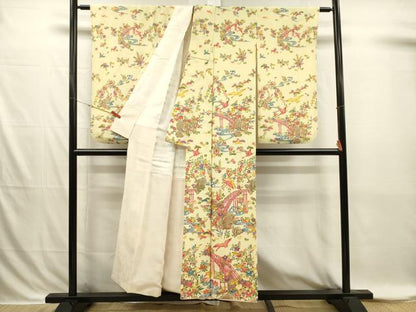 平和屋着物■小振袖　二尺袖　型染め　渡橋風景花鳥文　金彩　正絹　逸品　DABI3859ya