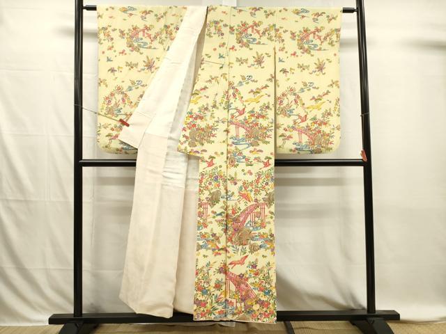 平和屋着物■小振袖　二尺袖　型染め　渡橋風景花鳥文　金彩　正絹　逸品　DABI3859ya