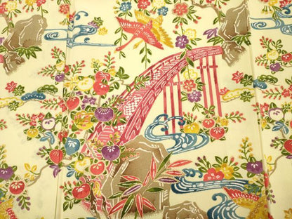 平和屋着物■小振袖　二尺袖　型染め　渡橋風景花鳥文　金彩　正絹　逸品　DABI3859ya
