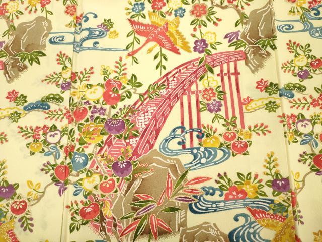 平和屋着物■小振袖　二尺袖　型染め　渡橋風景花鳥文　金彩　正絹　逸品　DABI3859ya