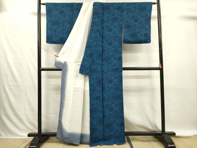 平和屋着物■上質な小紋　型染め　藍　草花文　乱菊　鬼しぼ縮緬　正絹　逸品　DABI3861ya