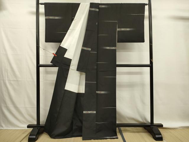 平和屋着物■上質な紬　横段花文　黒地　正絹　逸品　DABI3875ya