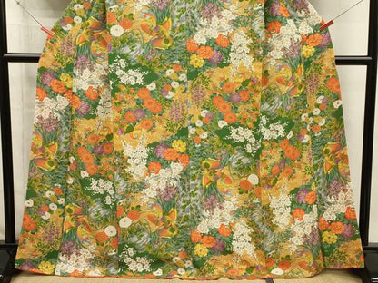 平和屋着物■上質な小紋　花鳥文　鬼しぼ縮緬　正絹　逸品　DABI3889ya