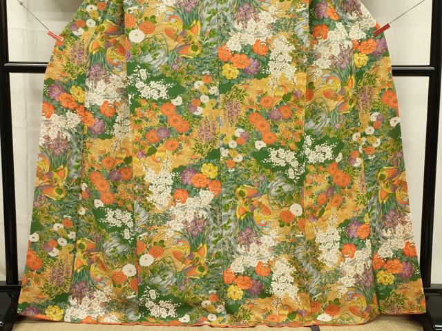 平和屋着物■上質な小紋　花鳥文　鬼しぼ縮緬　正絹　逸品　DABI3889ya