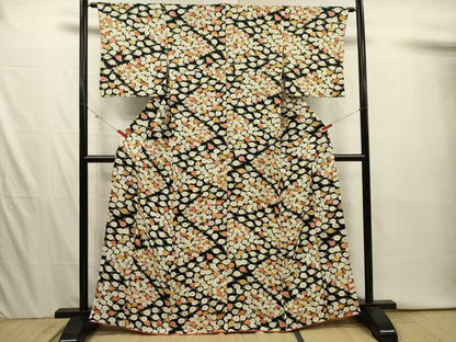 平和屋着物■上質な小紋　花尽くし　黒地　金彩　正絹　逸品　DABI3924ya