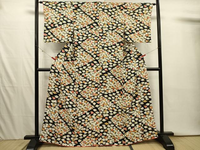 平和屋着物■上質な小紋　花尽くし　黒地　金彩　正絹　逸品　DABI3924ya