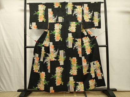 平和屋着物■上質な小紋　短冊花文　黒地　金彩　正絹　逸品　DABI3938ya
