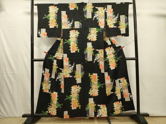 平和屋着物■上質な小紋　短冊花文　黒地　金彩　正絹　逸品　DABI3938ya