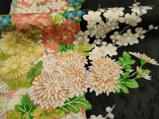 平和屋着物■上質な小紋　短冊花文　黒地　金彩　正絹　逸品　DABI3938ya