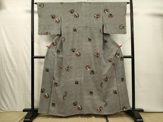 平和屋着物■上質な小紋　絞り　花丸文　黒地　金彩　正絹　逸品　DABI3939ya