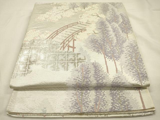 平和屋着物◎六通柄袋帯　唐織　渡橋風景花文　銀糸　正絹　逸品　DABI3951ya