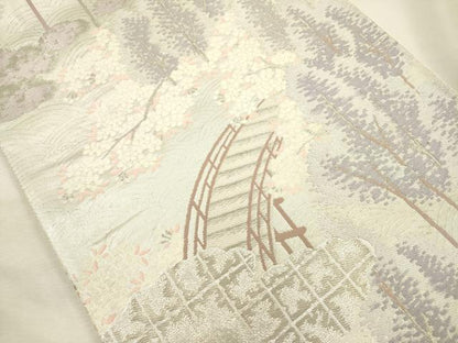 平和屋着物◎六通柄袋帯　唐織　渡橋風景花文　銀糸　正絹　逸品　DABI3951ya