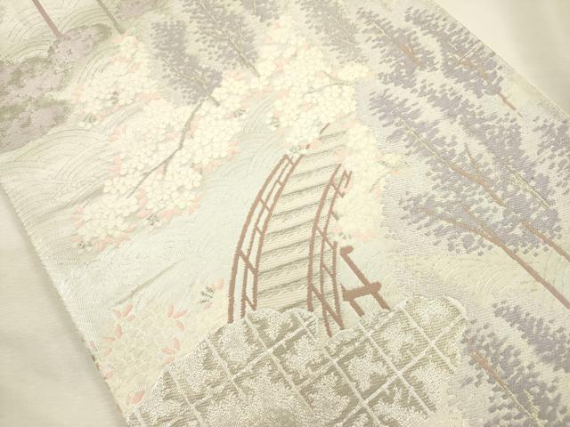 平和屋着物◎六通柄袋帯　唐織　渡橋風景花文　銀糸　正絹　逸品　DABI3951ya