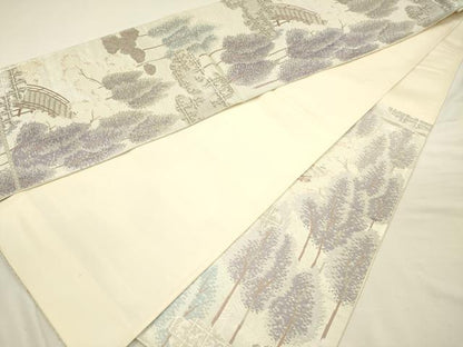平和屋着物◎六通柄袋帯　唐織　渡橋風景花文　銀糸　正絹　逸品　DABI3951ya