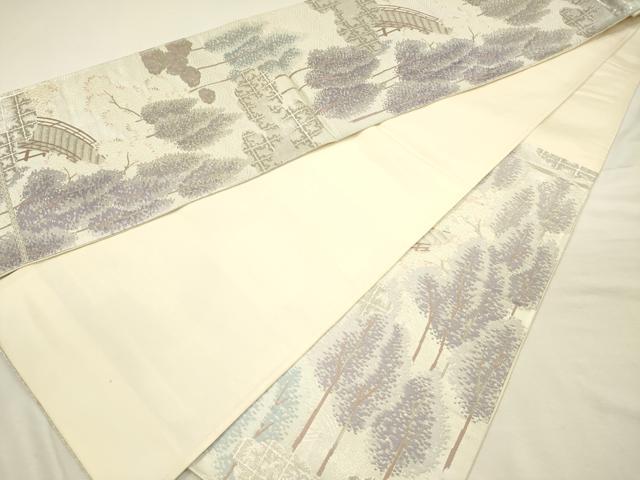 平和屋着物◎六通柄袋帯　唐織　渡橋風景花文　銀糸　正絹　逸品　DABI3951ya