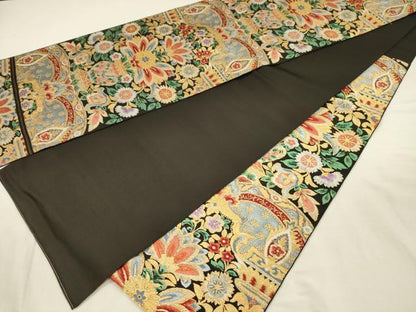 平和屋着物◎六通柄　本袋帯　更紗花文　黒地　金銀糸　正絹　逸品　DABI3954ya