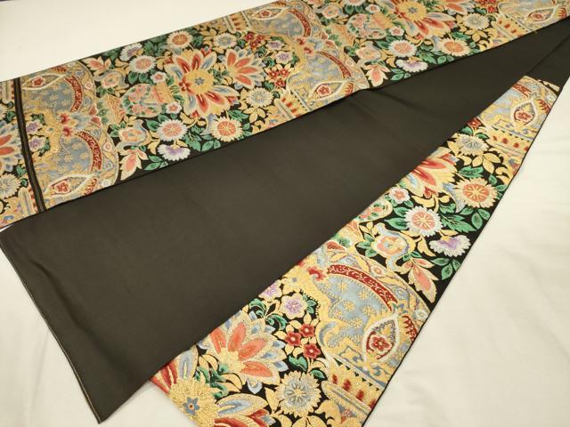 平和屋着物◎六通柄　本袋帯　更紗花文　黒地　金銀糸　正絹　逸品　DABI3954ya