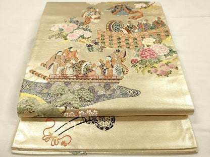 平和屋着物◎太鼓柄袋帯　唐織　王朝巻絵　金糸　正絹　逸品　DABI3959ya